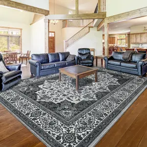 Area Rugs for Living Room Boho Rug with Non-Slip Backing Machine Washable Carpet,Faux Cashmere Floral Vintage Carpet,Low Pile Room Rug for Bedroom Home Office Kids Room Playroom Nursery Kitchen Classroom, Grey