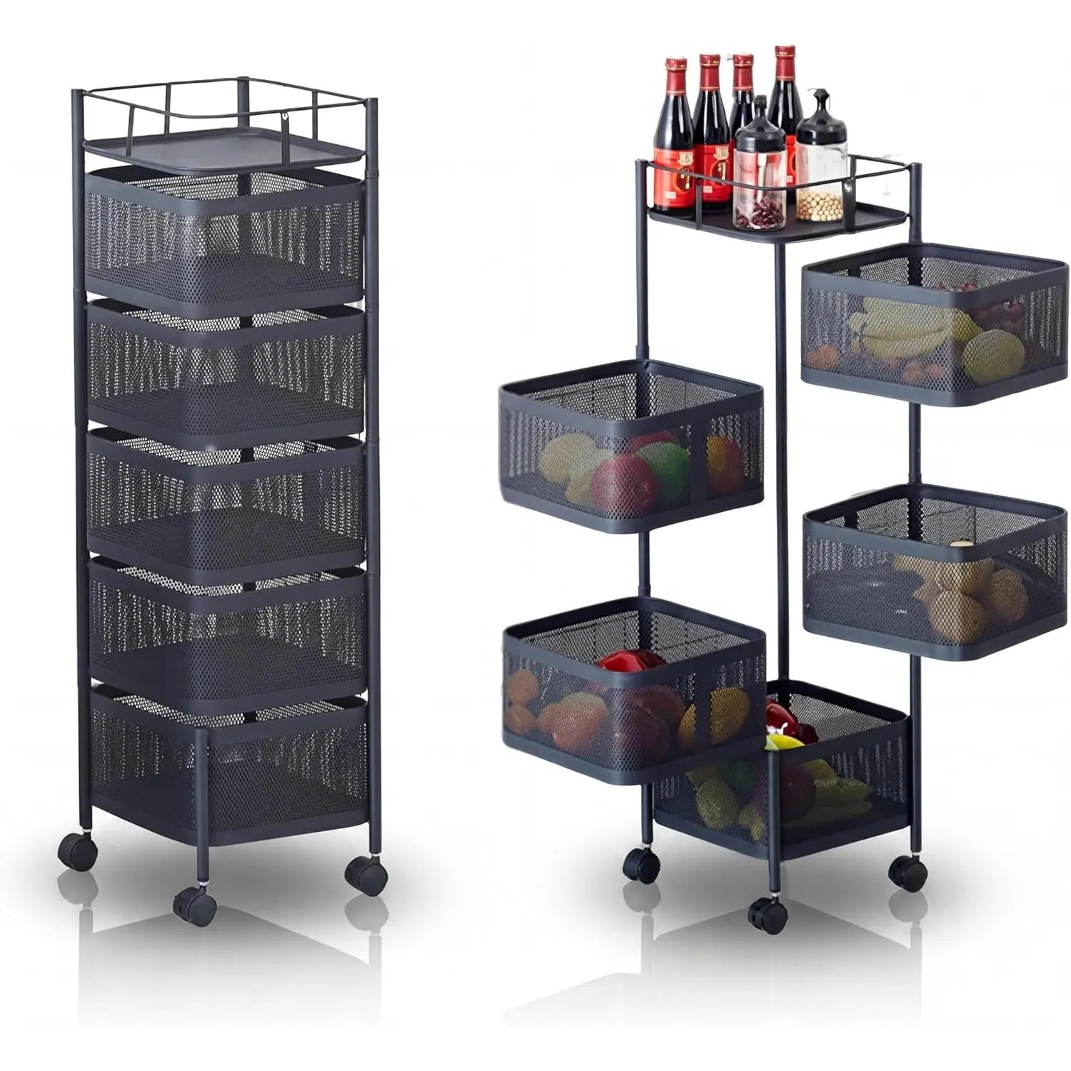 Rolling Storage Cart, 5 Tier Metal Mesh Rolling Cart Organizer with Top Lid, Rotating Kitchen Storage Cart, Organizador De Frutas Y Verduras for Fruit Vegetable Grocery Storage, White/Black