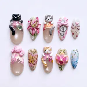 Mismatched 3D Cat Puppy Press on Nails with Pink Lily, Butterfly & Bow | Fake Nails in Almond | Kawaii Coquette Handmade Art