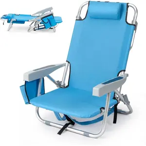 Outvita Backpack Beach Chair, 5 Level Adjustable Positions Beach Chair with Back Storage Bag, Cooler Pouch and Side Bags for Beach Poolside Lawn
