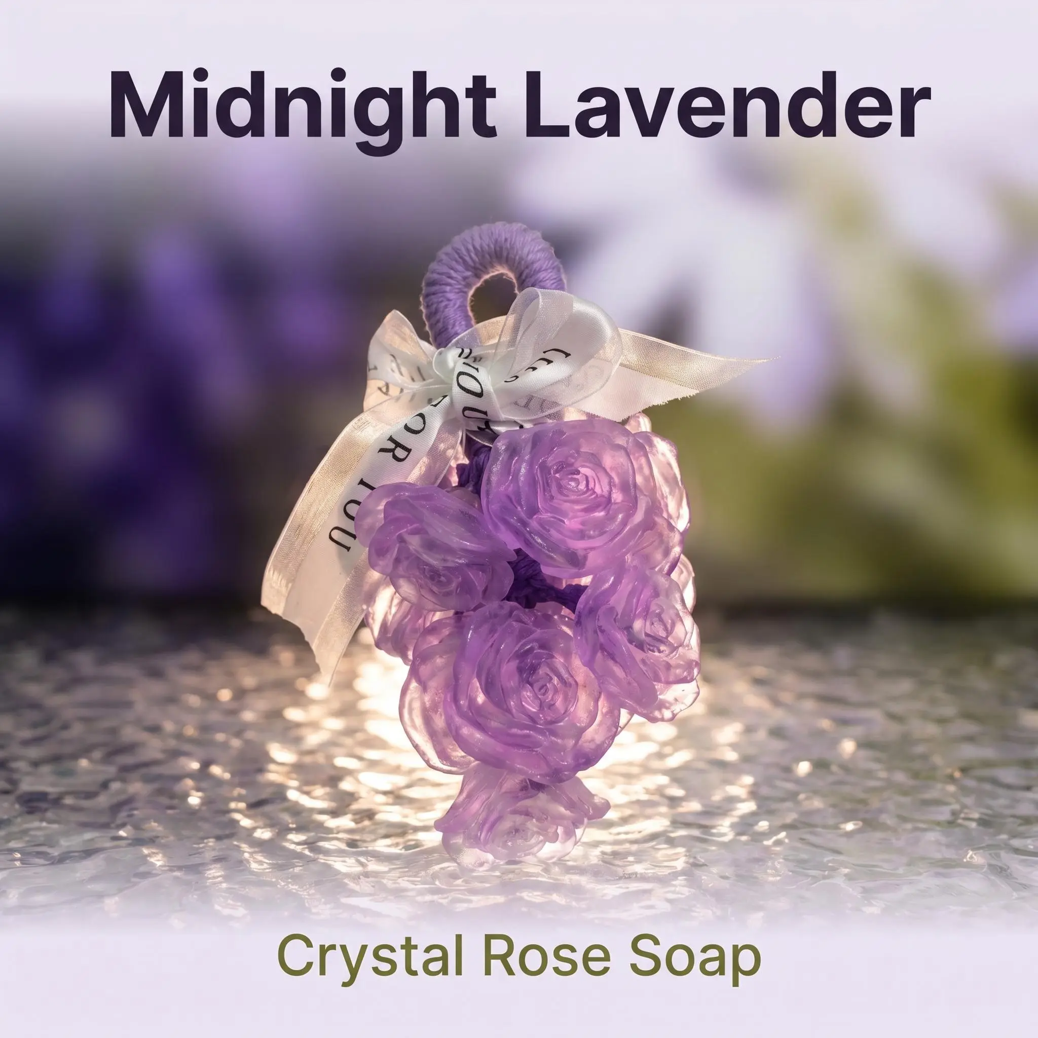 French Hydrating Midnight Lavender Crystal Rose Handmade Soap on a Rope - Scented Body Care, Purple Floral Evening Bath Gift