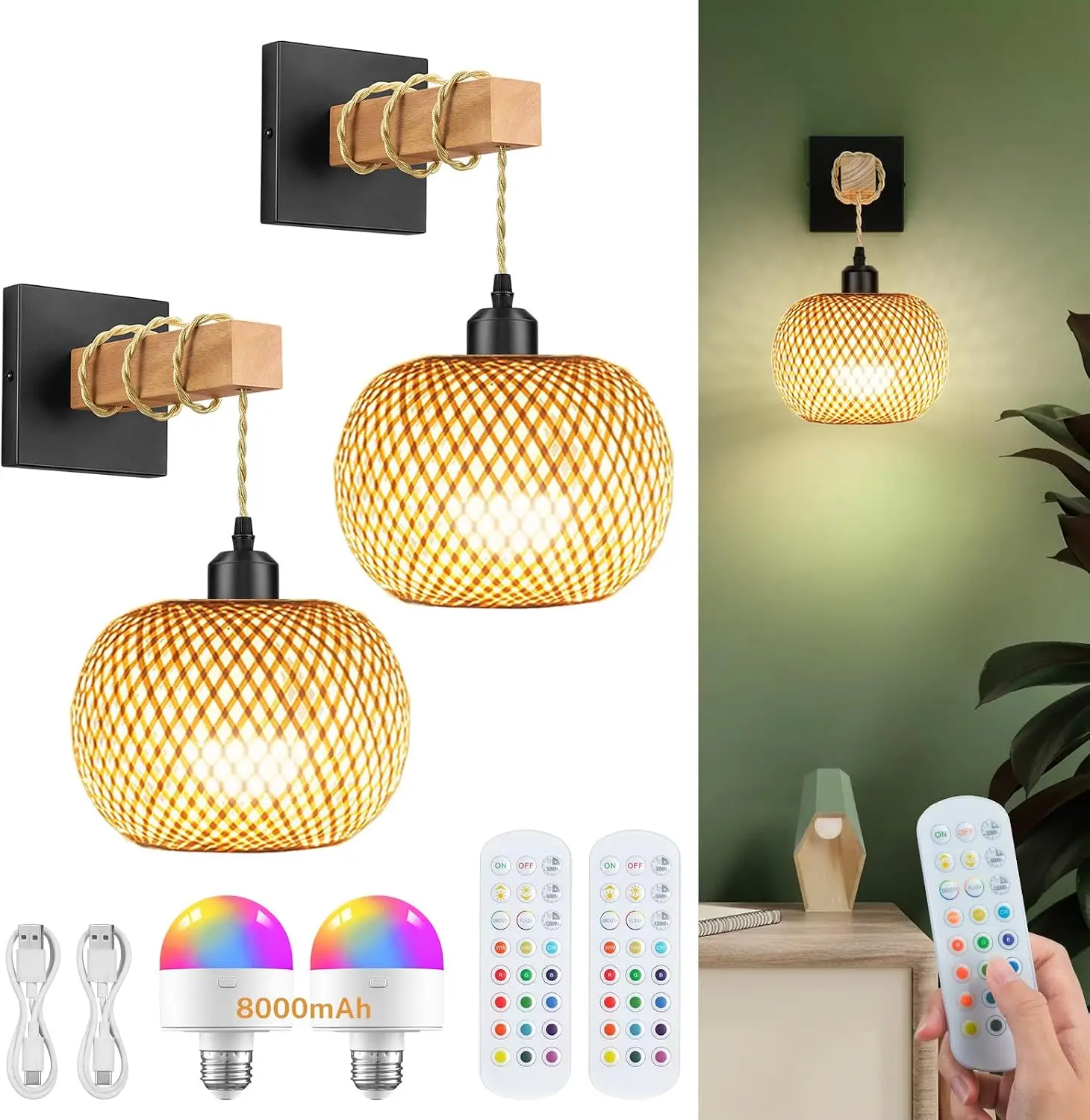 Set of 2 Battery Operated Wall Sconce with Remote Control, Rechargeable Rattan Wall Sconces with Bulb, Wireless Woven Bamboo Lantern Wall Light Boho Wall Lamp for Bedroom Living Room Hallway