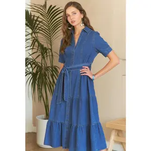 ADORA Tiered Button Down Tie Waist Short Sleeve Denim Modest Long Dress for Spring & Summer Modest