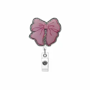 1PC pink bow easy-to-pull buckle, pink bow decorated with glitter, sweet and delicate, easy-to-pull buckle can flexibly retractable documents, adding cute highlights to daily matching, practical and beautiful, Badge Reels Retractable