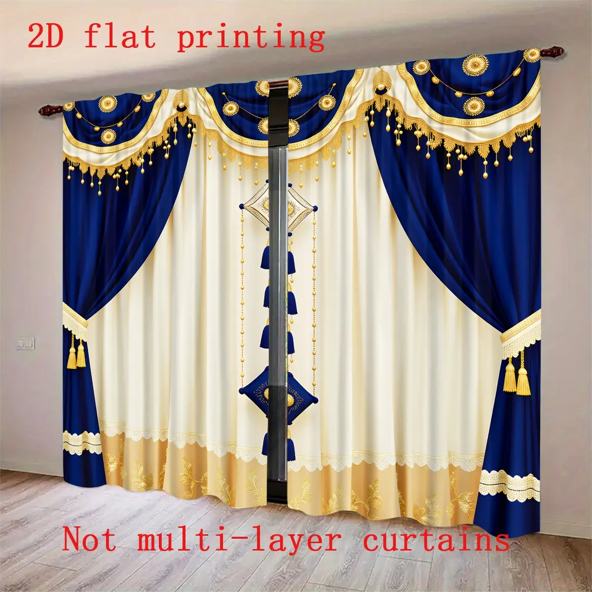 2 pieces of blue gold curtains, Home Decoration Curtain, Window Curtain, Home Decorative Curtain, made of 100% semi transparent polyester fabric with pole bag design, excluding curtain poles, not multi-layer curtains