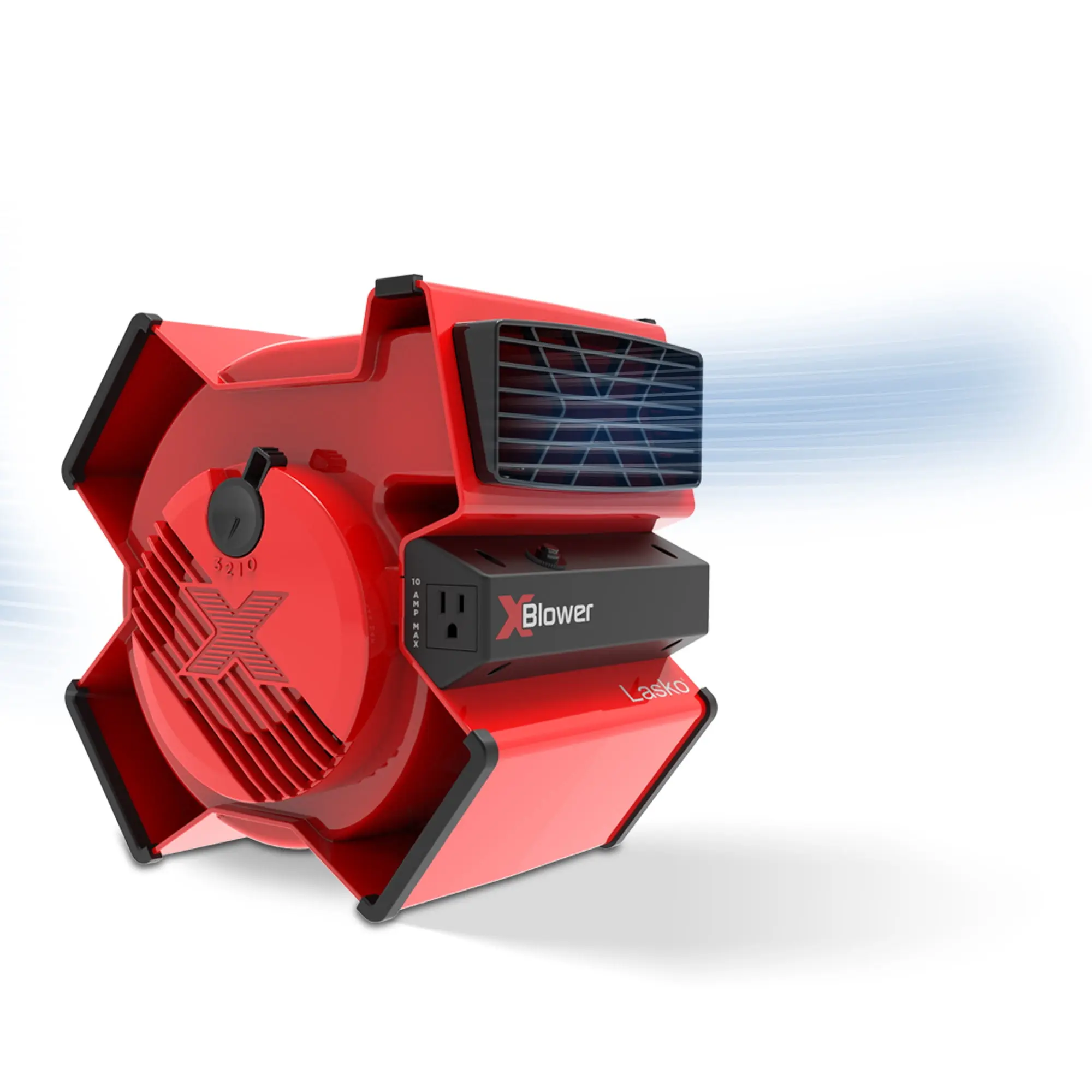 Lasko X-Blower 11" High Velocity Utility Blower Fan with USB Ports and Built-In Outlet for Cooling and Drying, Red