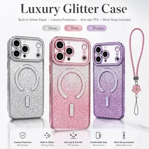 【Luxury Glitter Design】Luxury Glitter MagSafe Phone Case with Wrist Strap, Electroplated Bling Camera Protection, Shockproof TPU Case for iPhone For iPhone 17 16 15 14 13 12 Pro Max Plus