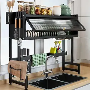 Kitchen Drain Shelf 3-Tier Multi-Functional Kitchen Storage Rack Kitchen Sink Organizer Large Over The Sink Dish Rack with Cover