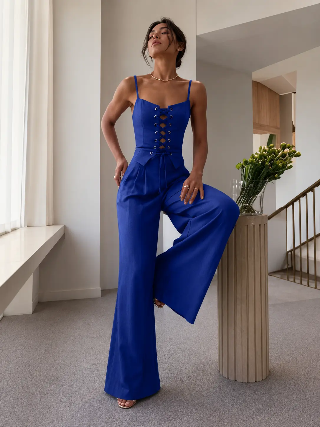 Women's 2 Piece Outfits Corset Lace Up Eyelet Spaghetti Strap Cami Top and High Waist Wide Leg Pants Set Sexy Elegant Matching Lounge Set Summer Party Club Night Out Coord Set cozy