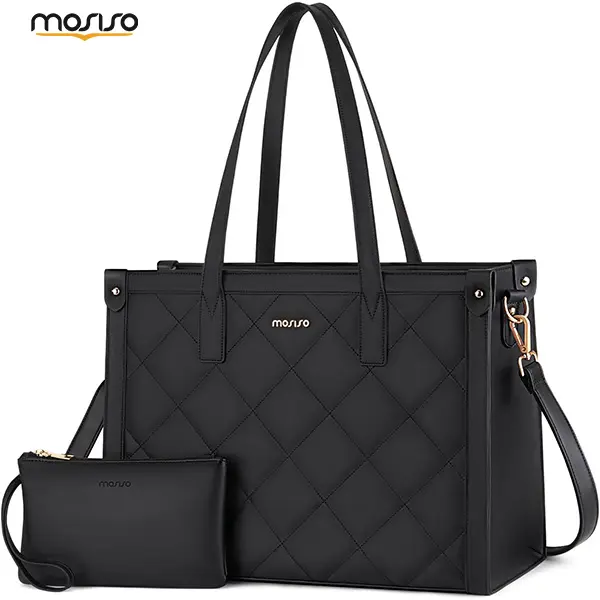 MOSISO Plain PU Leather Tote Bag for Women, Large Business Work Shoulder Bag Fits 15.6-16 Inch Laptop with Adjustable Strap and Clutch Purse, 15.6 Inch, Lightweight, Zip, Chic, High-Capacity, Waterproof