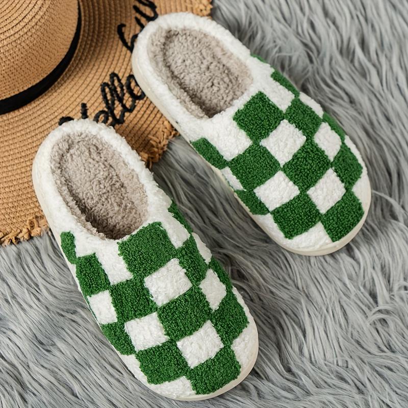 Women's Stylish Easy Checkered Fuzzy Slippers, Indoor Comfort with Thick, Soft, Warm, Silent Non-Slip Soles, Suitable for Couples
