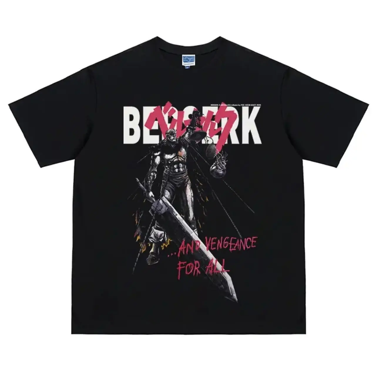 Berserk "AND VENGEANCE FOR ALL" Heavyweight Vintage Tee 100% Cotton OVERSIZED Anime T-shirt Menswear Top Crew Necks Tshirt Casual Streetwear Black Crewneck Tropical Shortsleeve Baggy Loose 565
