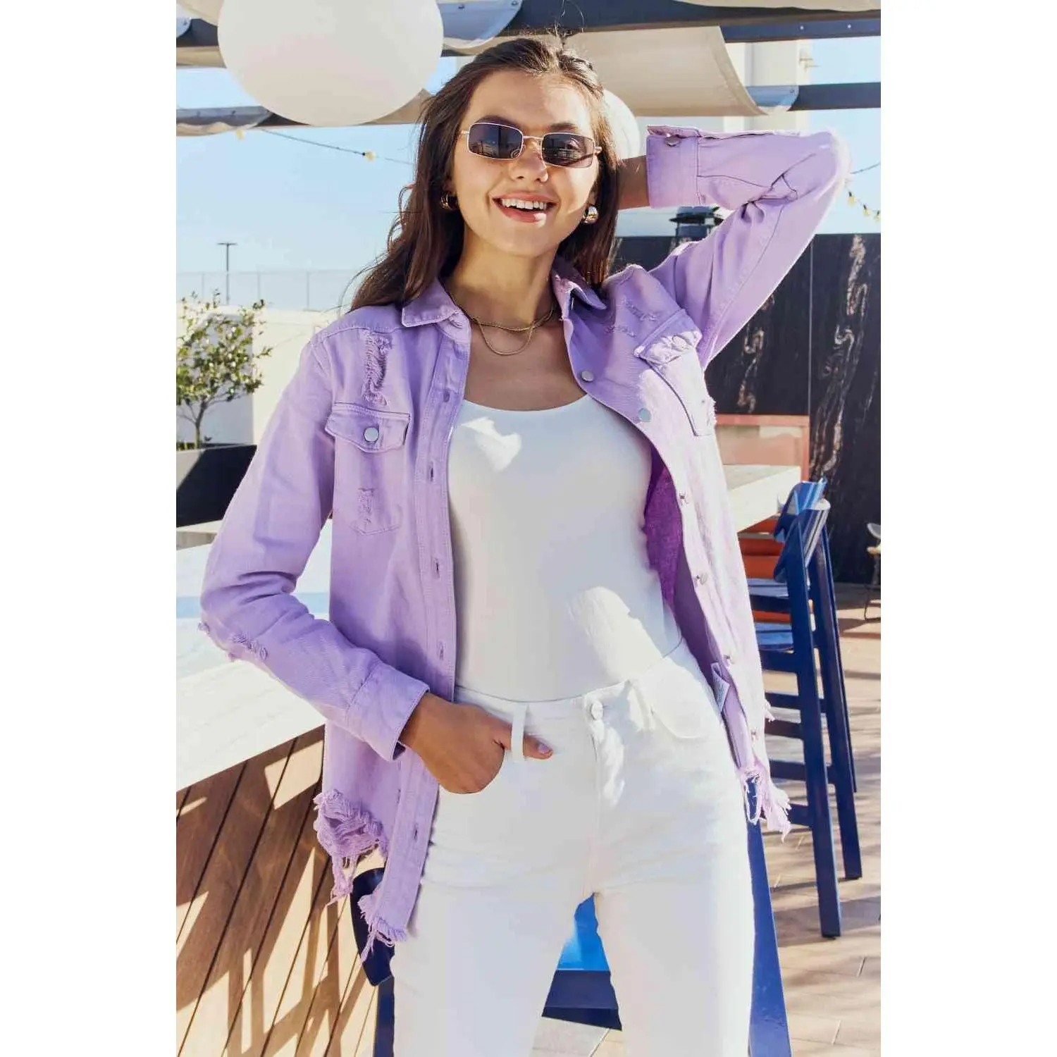 Lavender Fields Distressed Button Down Denim Jacket in Lavender