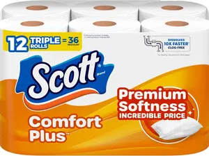 ComfortPlus Toilet Paper, 12 Triple Rolls, 231 Sheets per Roll, Septic-Safe, 1-Ply Toilet Tissue