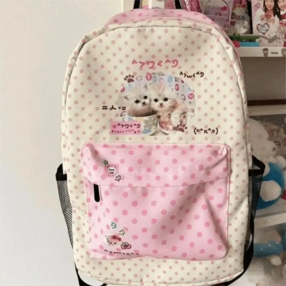 Kawaii Contrast Color Cat Dot Backpacks Patchwork High-capacity Preppy Schoolbags Shoulder Bag Students Girl Travel Book Bag