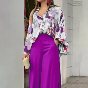 2024 Autumn Plus Size Women’s Two-Piece Set – Long Sleeve Shirt Top + Wide Leg Pants, Elegant Tracksuit/Sweat Suit Outfit, Y2K Style, Floral Gamis