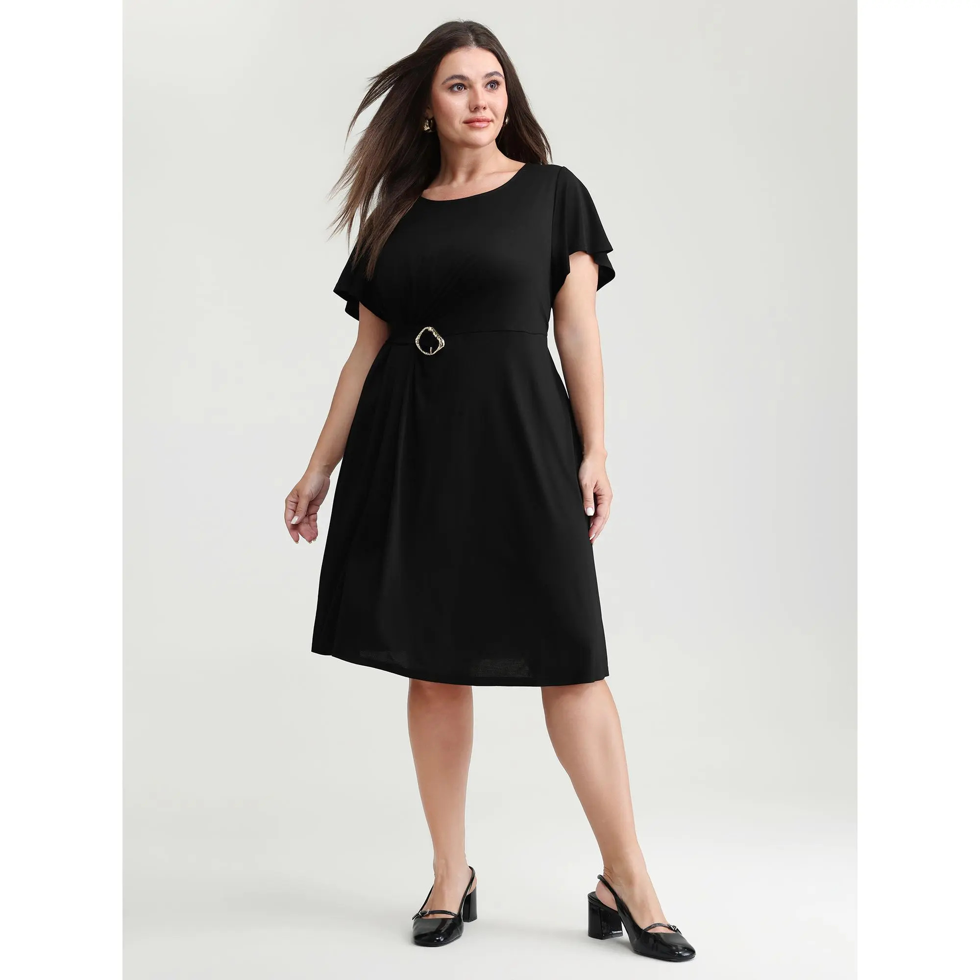 BloomChic Women's Plus Size Solid Office Dress - Ruffle Cap Sleeve, Round Neck, Knee-Length, Pull-On with Pockets, Stretch Rayon Nylon, Spandex, Fit, Black Dresses For Women, Ruffle Sleeve, Lady, Low Iron, Plus Size Clothes