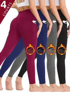Four-pack women's high-waist solid color fleece-lined leggings, casual and comfortable, simple and warm, an essential pair of bottoms for winter casual sports.