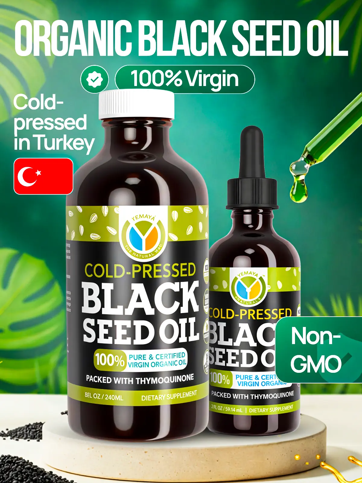 NEW Virgin Black Seed Oil | Yemaya Organic - Cold Pressed | 100% Pure Nigella Sativa | Glass Bottle | Non-GMO