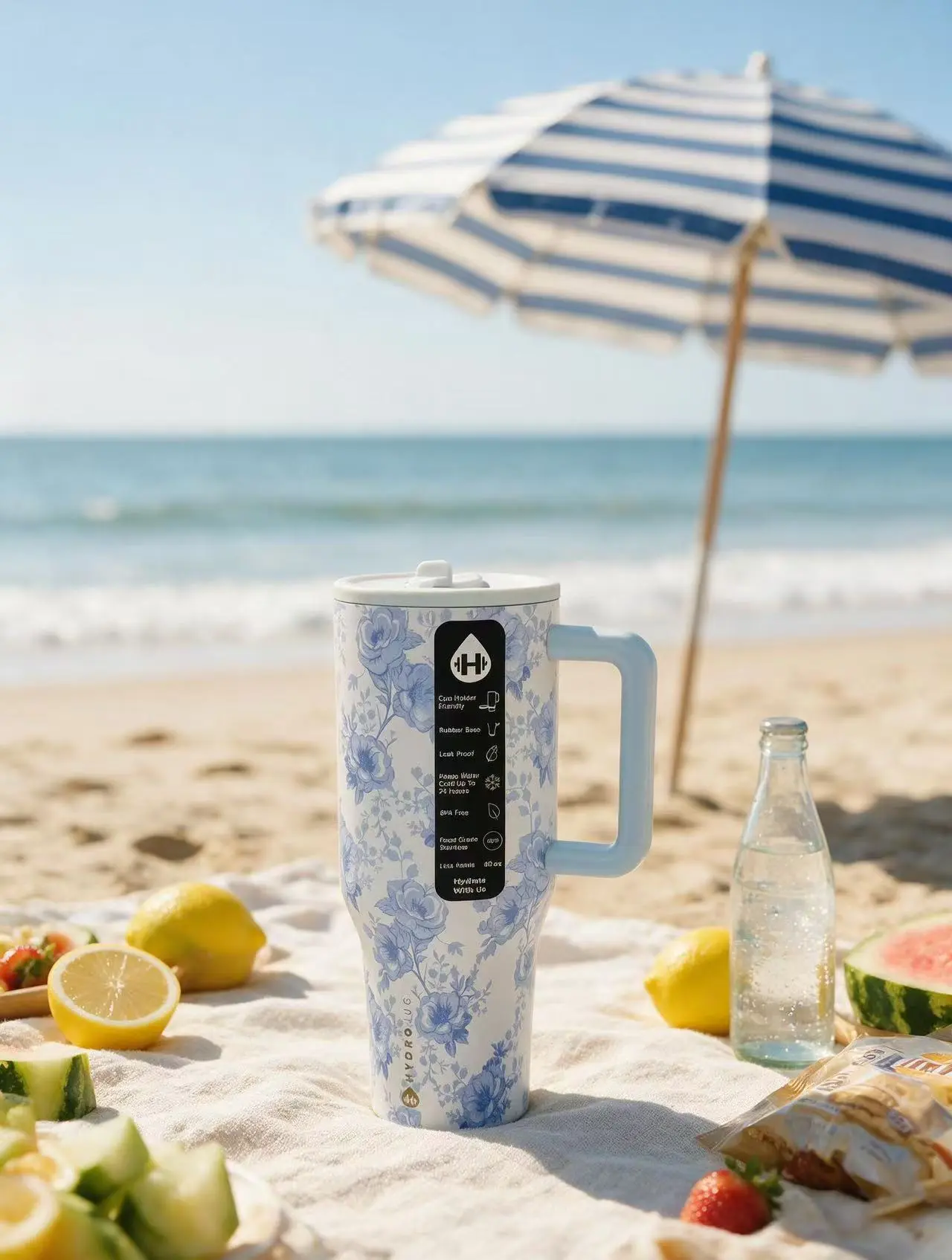 HydroJug 40 oz Soft Blue Floral Stainless Steel Insulated Vacuum Bottle - Light Blue Handle & Straw, Leak-Proof, 24-Hour Cold Retention, Stylish Travel Drinkware, Suitable for Bedroom & On-the-Go Use