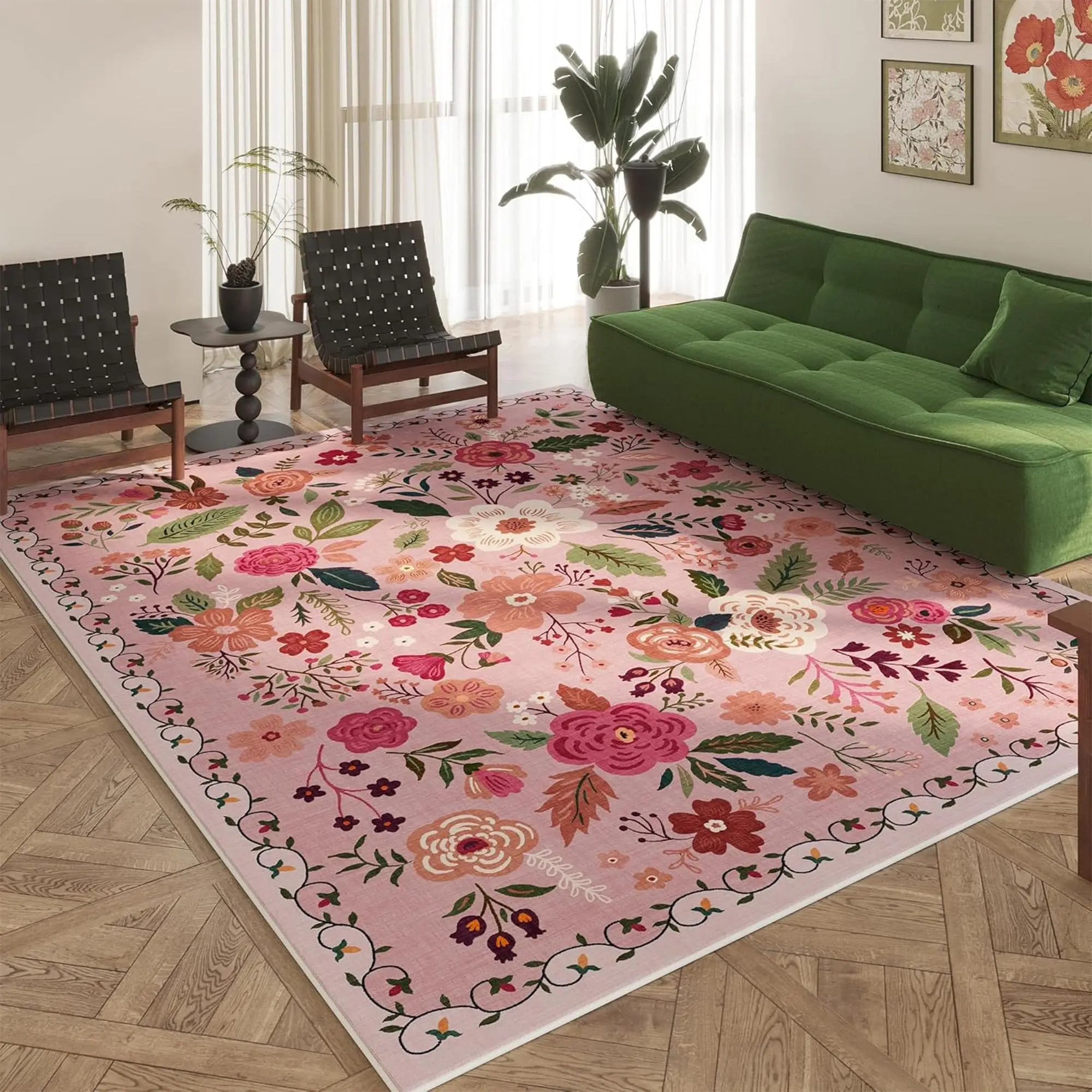 Floral Pattern Area Botanical Area Rugs, 1 Count Non-slip Soft Floor Mat, Stain-resistant Decorative Carpet for Home Decor Living Room Bedroom Hotel D