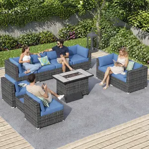 【Summer Vibes】Ovios Patio Furniture Set 10-Piece Outdoor Wicker Rattan Sofa Set with 42.12'' Fire Pit Table, All-Weather Sectional Conversation Set with Cushions for Backyard Balcony Garden Deck Patio Porch