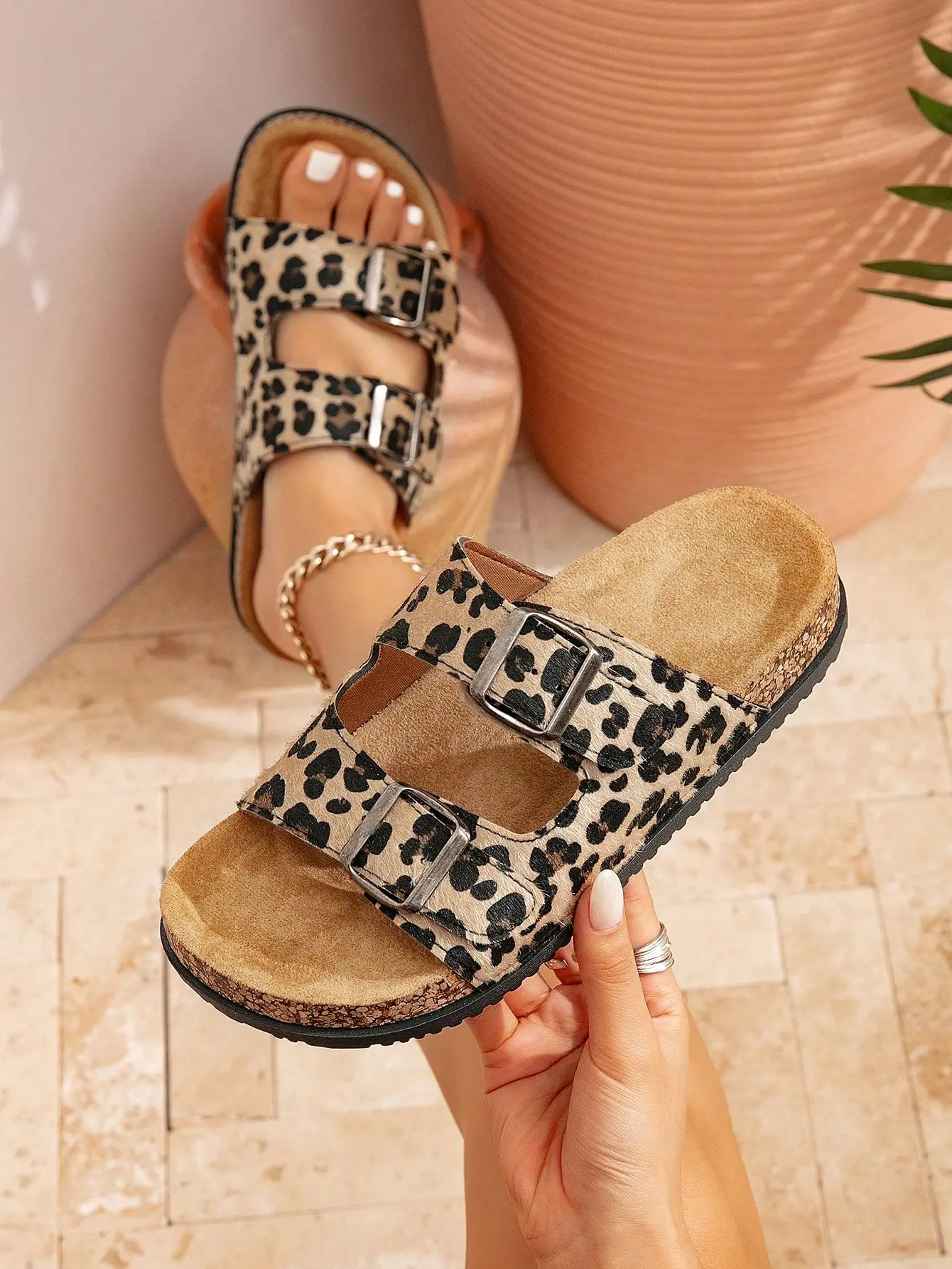 RETRO Women's Leopard Print Double Adjustable Buckle Slide Sandals Casual Cork Footbed Flat Slippers Summer Beach Daily Wear