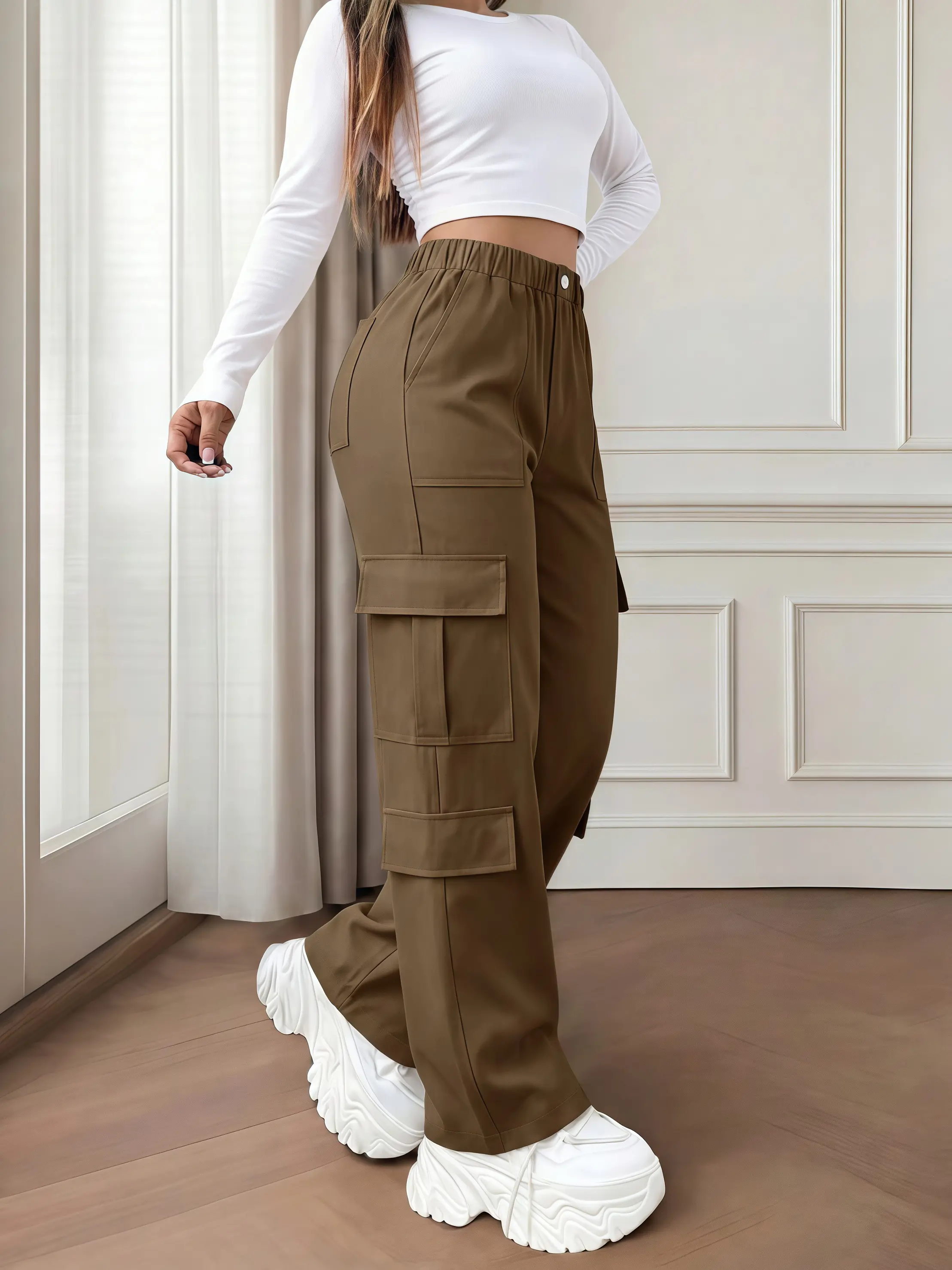 Women's High-Waisted Polyester Cargo Pants - Semi-Elastic Waistband, Multi-Layer Side Pockets, Metal Button Front, Drapey Wide-Leg Floor-Length, Retro Curve-Concealing Stylish Women's Wear, European-American Style, All Seasons Comfortable Casual Bottoms