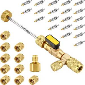 SnapFixMate AC Valve Core Remover Installer Tool with Dual Size SAE 1/4 & 5/16 Port, 20 PCS Valve Cores with Teflon Seal and 10 PCS Brass Nuts, Compatible with R22 R12 R407 R410 R404 R32 R600 A/C,TikTokShopBlackFriday