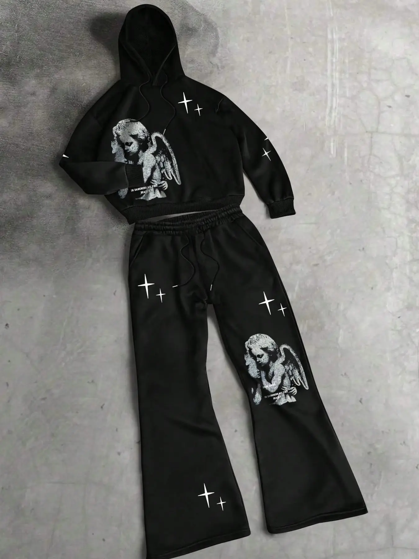 Angel Print Hoodie Set, Long Sleeve Drawstring Pants, Casual Sportswear, Sweatsuit Set Outfit, Loose-Fitting, Fall & Winter, Street Style