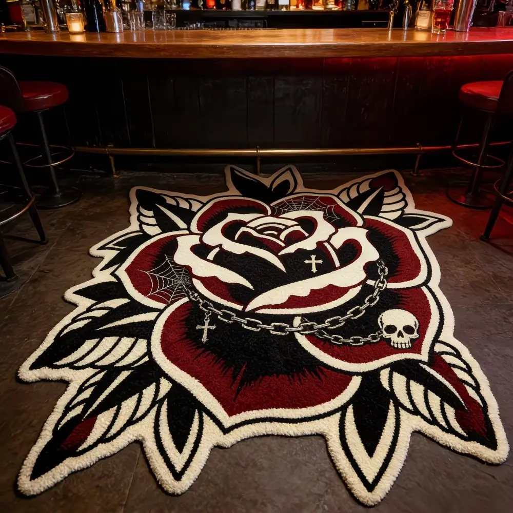 1pc American Rose Skull Carpet, Gothic Style Bedroom Rug, Creative Living Room Mat, Soft Comfortable, Suitable for Coffee Table, Sofa, Dressing Room, Home Decor Rugs
