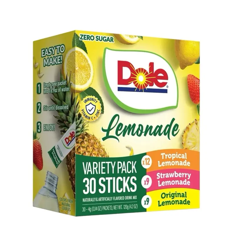 Dole Lemonade Zero Sugar Variety Pack 30 Sticks- Tropical Lemonade, Strawberry Lemonade, & Original Lemonade