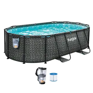 Funsicle 13'11" Oasis Designer Oval Above Ground Pool w/ Pump, Dark Herringbone