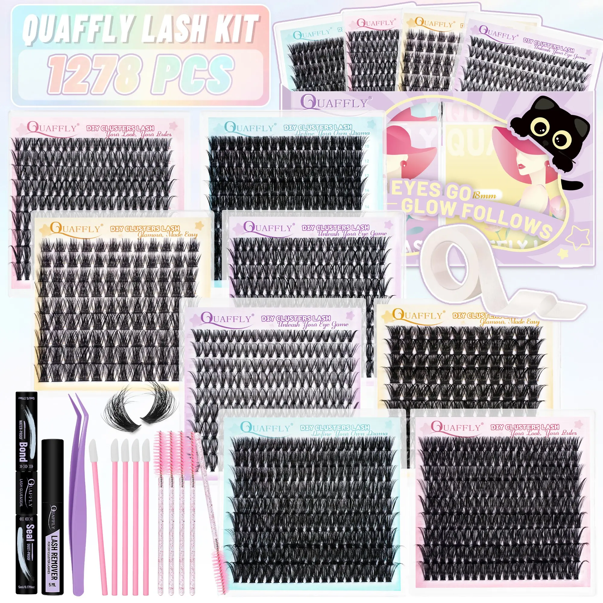 8 Mixed Style DIY Lash Extension Kit 1278Pcs 10-18mm Natural Lash Clusters Kit with Includes Multiple Eyelash Tools Eyelash Bond For A Complete One-stop Solution For Beginner's Large-Capacity Bundle Eyelash Extensions