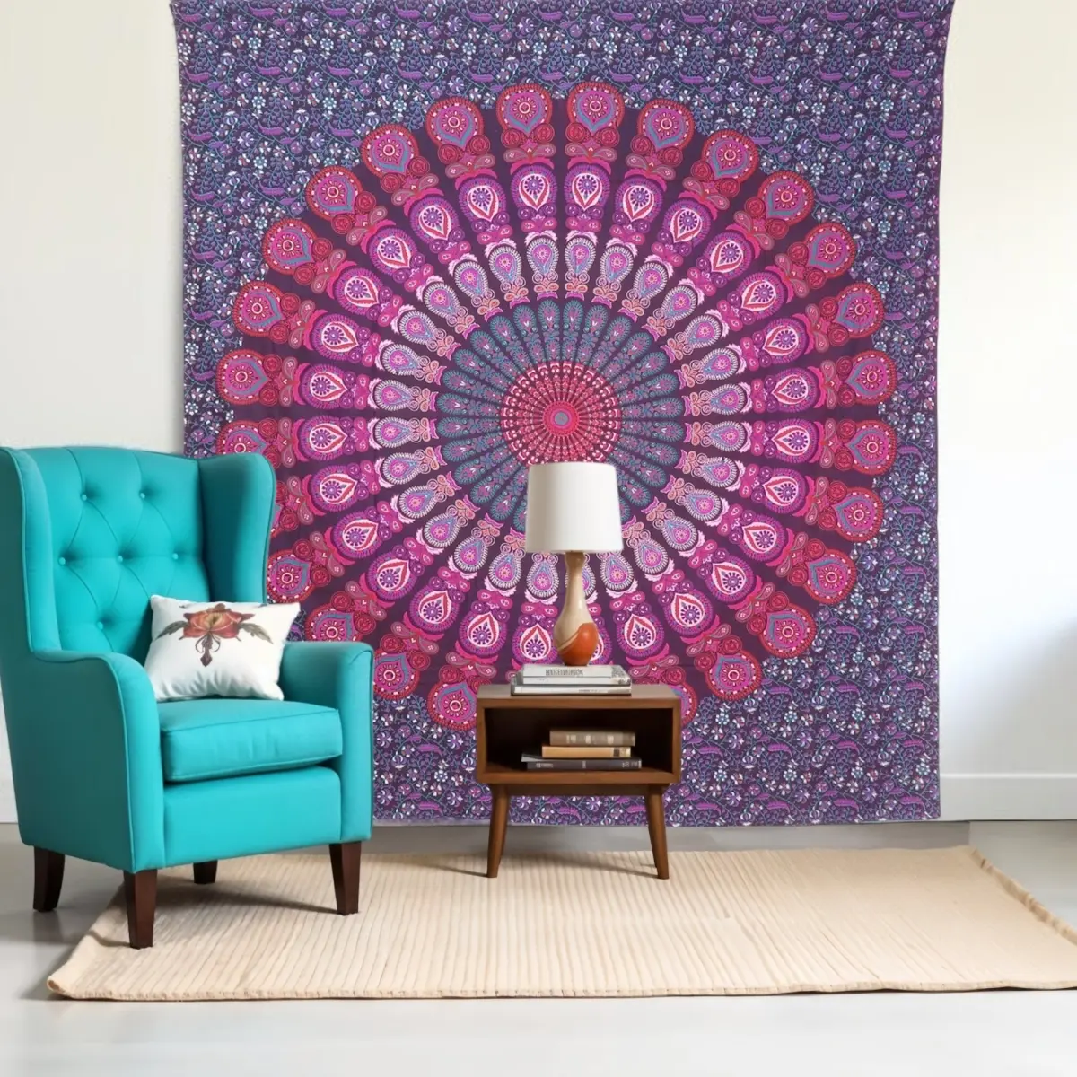 360 Stand Handmade Cotton Rectangle Bohemian Hanging Tapestry - 92x84 in Large Size, Pink-Red-Purple Mandala Design, Home Decor for Room, Wall & Table, Living Room, Decorative