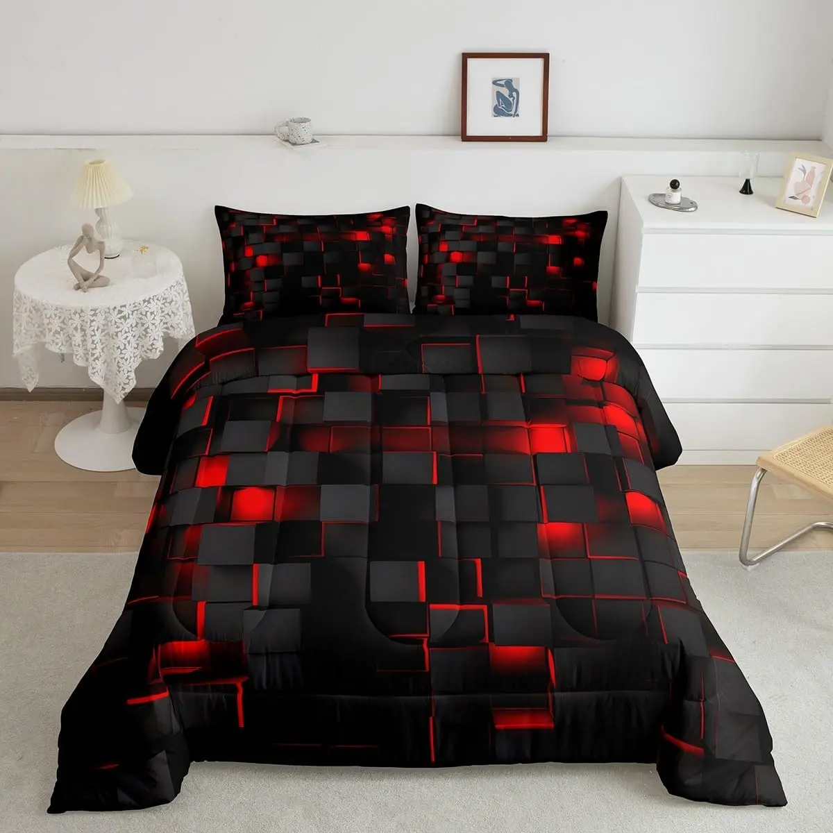 Queen Comforter Set - Comfy, Decorative Microfiber Bedding with Red and Black Light Geometric Modern Duvet, Soft Breathable Blanket and Pillow, Comfy Bedding Set, Decorative Bedding Set