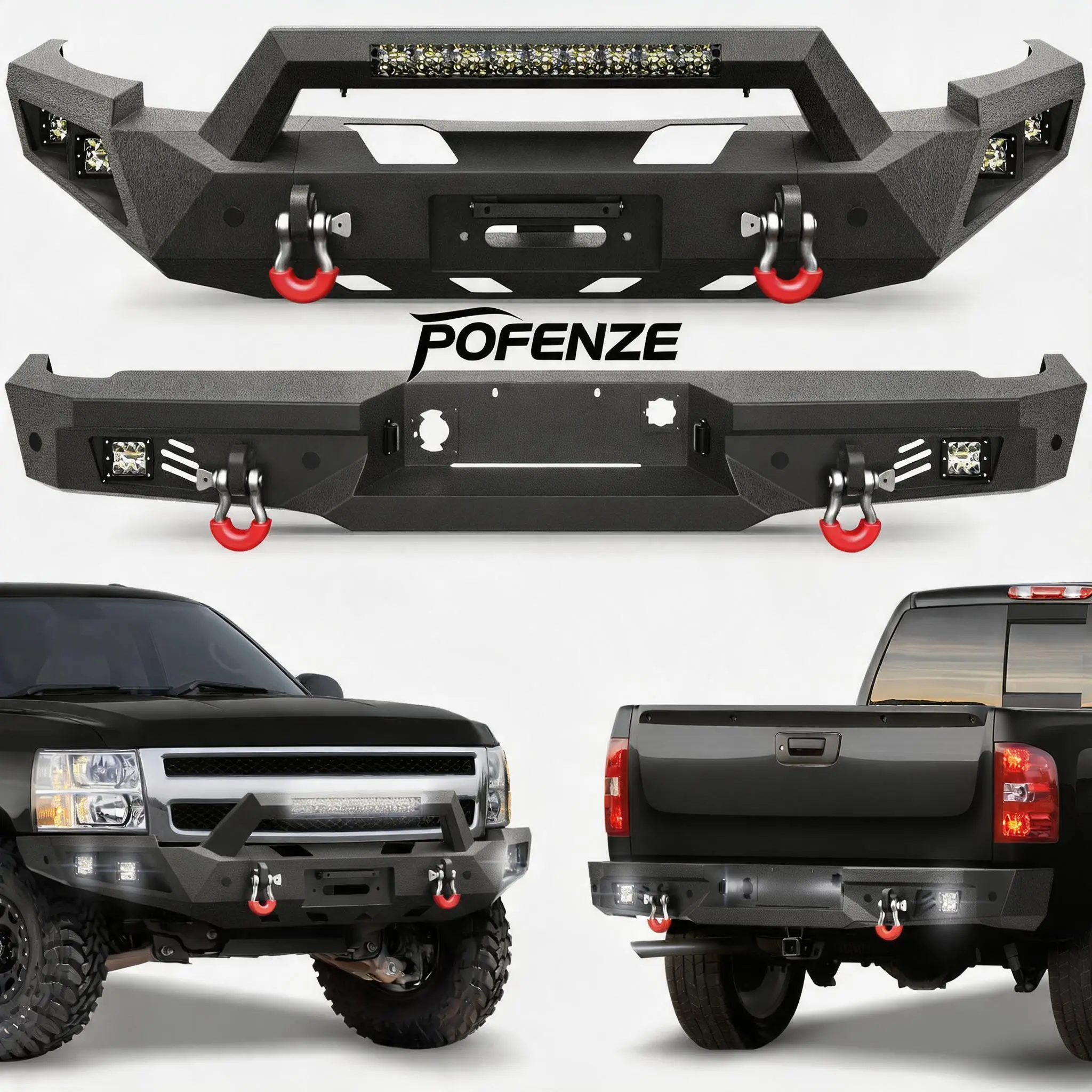 POFENZE-NADIA Silverado Bumper Set for 2007-2013 Chevy Silverado 1500 Pickup | Pickup Truck Bumpers w/Winch Plate, LED Lights, D-rings and License Plate Bracket