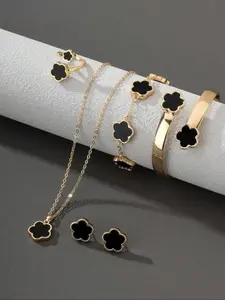 Flower Design Floral Motif Jewelry Set, Fashion Necklace & Bracelet & Bangle & Ring & Stud Earrings for Party, Daily Decor, Trendy All-match & Exquisite Jewelry for Birthday Gift