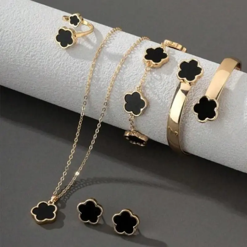 Flower Design Floral Motif Jewelry Set, Accessory Set, Fashionable Jewelry Set, Fashion Necklace & Bracelet & Bangle & Ring & Stud Earrings for Party, Daily Decor, Trendy All-match & Exquisite Jewelry for Birthday Gift