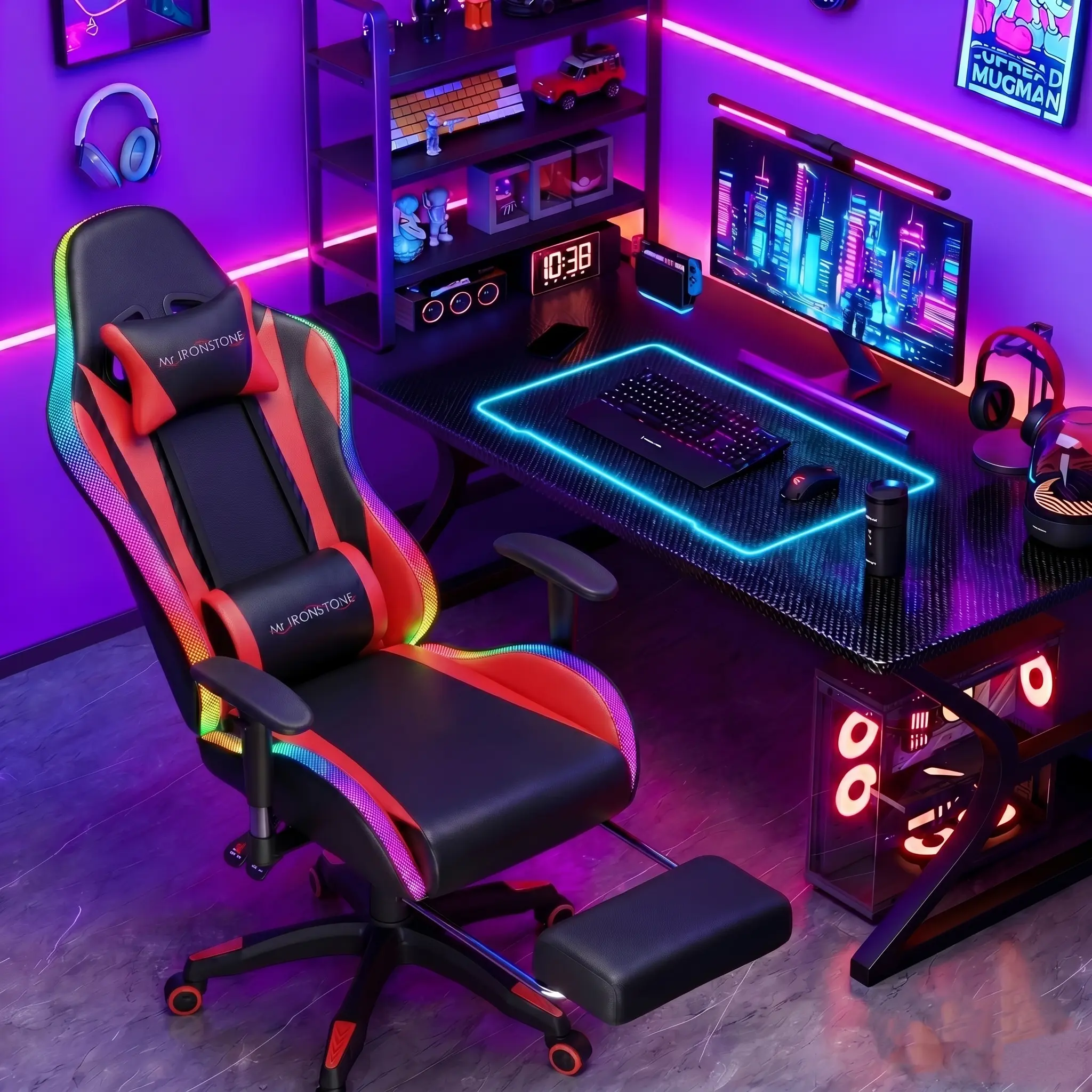 【LED+Speakers】Mr IRONSTONE Gaming Chair with Speakers and Rgb Lighting Ergonomic Massage Computer Gaming Chair with Broaden Cusion and Footrest High Back Video Game Chair for Adults Kids Boyfriend Father's Gift