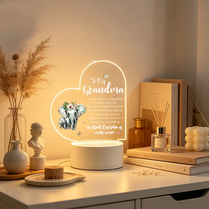 Heart Elephant Shape Acrylic LED Night Light - Home Table Lamp with Inspirational Quote, Ambient Lighting Decoration for Mother's Day Grandmother Gift