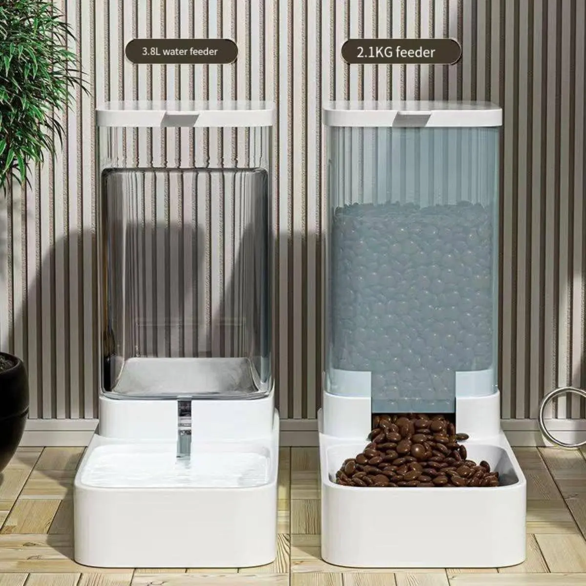Automatic dual-use cat and dog feeder with 2 1kg dry food storage and 3 8L silent water dispenser. Stainless steel bowls prevent tipping. Dual power supply ensures worry-free power outages and frees your hands.