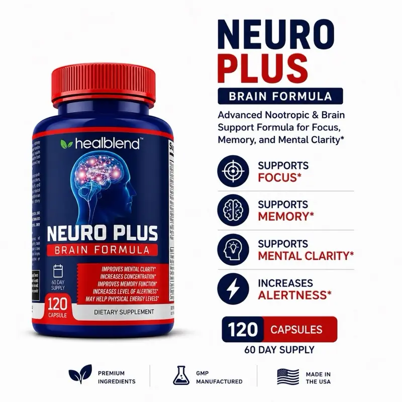 Healblend Neuro Plus Brain Capsules - Nootropic Focus + Energy Vitamins, GABA Vitamins for Brain Health, Mental Clarity, Mood Support - Focus Without Jitters for Men & Women (120 Caps)