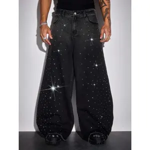 Loose Fit Rhinestone Embellished Pocket Wide Leg Jeans