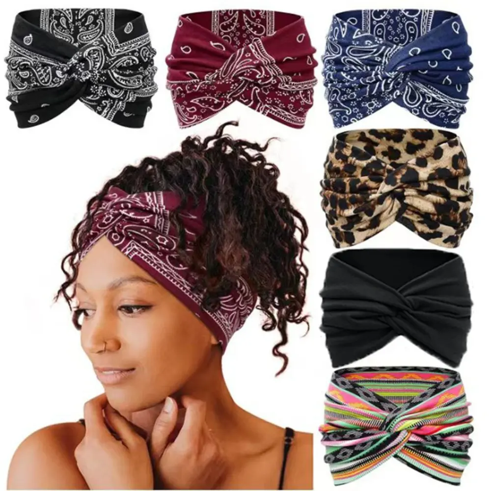 6-Pack 18cm Wider Cotton Headbands for Women, Boho Flower Curly Training Headbands, Elastic Bandana Hair Accessories for Sports, Camping & Hiking