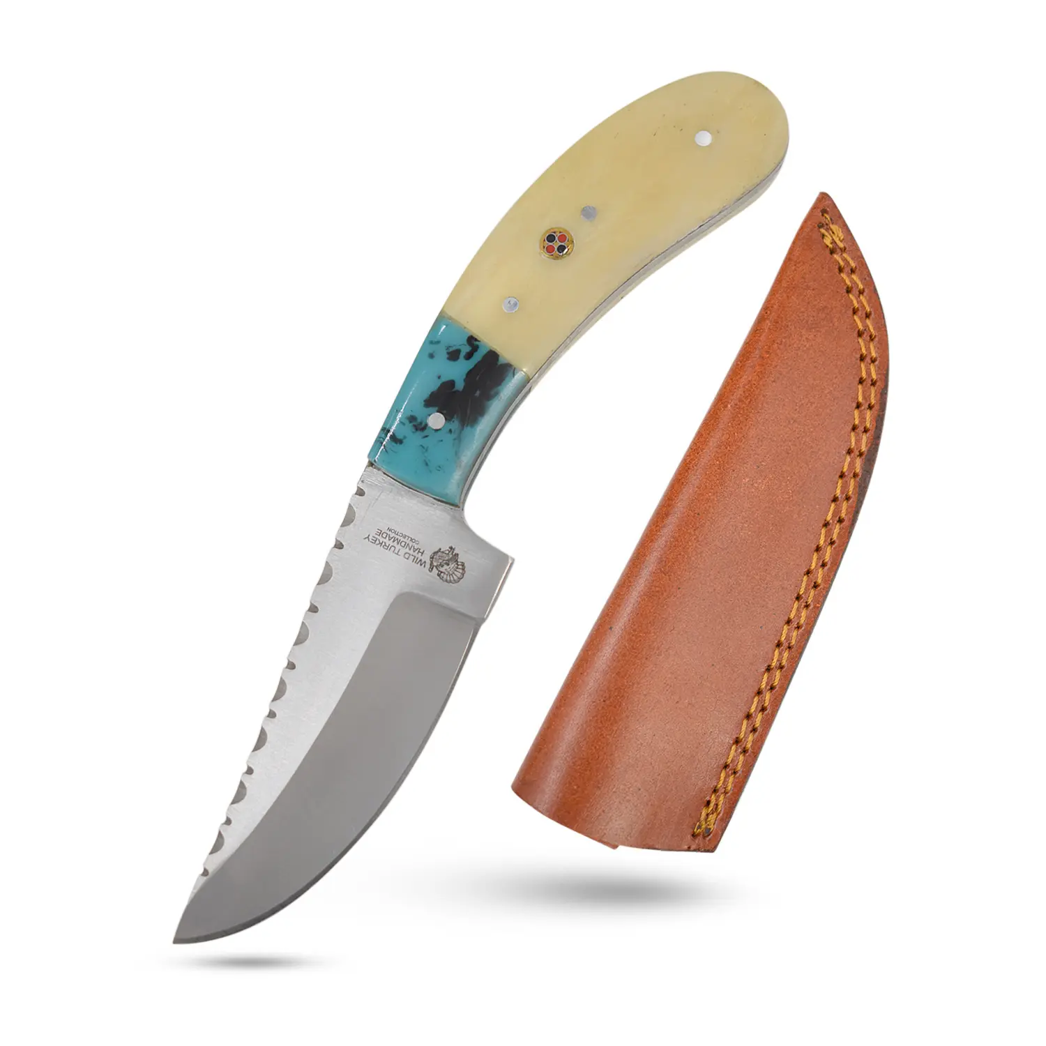 Wild Turkey WT-4034 Handmade 7.5-in Skinner Fixed Blade Knife, Bone & Resin Handle, Leather Sheath Included for Camping, Hiking, Survival Equipment