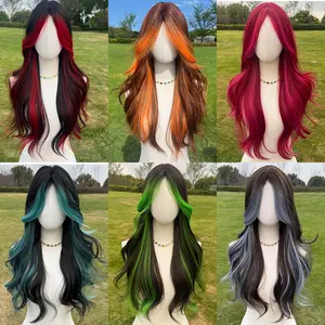 SMILCO/24-inch Brown Orange/Pink/Red/Blue Highlight Wavy Middle Part Hair Synthetic Full Machine Wigs  Adjustable Cap & Straps for Comfort Featival Gifts for Gf/SM5029