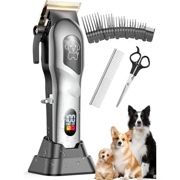 Dog Clippers for Grooming, Dog Grooming Kit for Heavy Thick Hair, Low Noise Cordless Pet Hair Trimmer with Stainless Steel Blade, Professional Rechargeable Hair Trimmer for Dogs and Cats L-Sliver