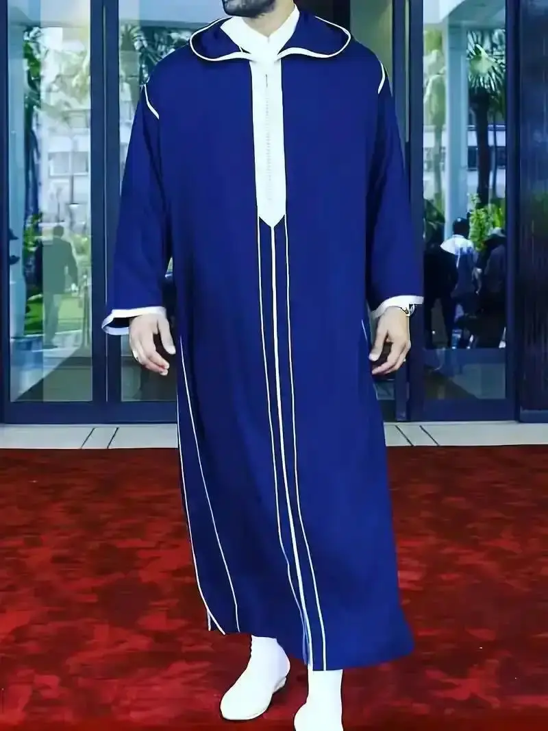 2026 Men's Moroccan Robe - Loose Hooded Abaya with Striped Pattern, Casual Style, Long Sleeve Kaftan for Daily & Eid Wear, mens clothing, men apparel, stylish menswear, trendy wear, fashion for men