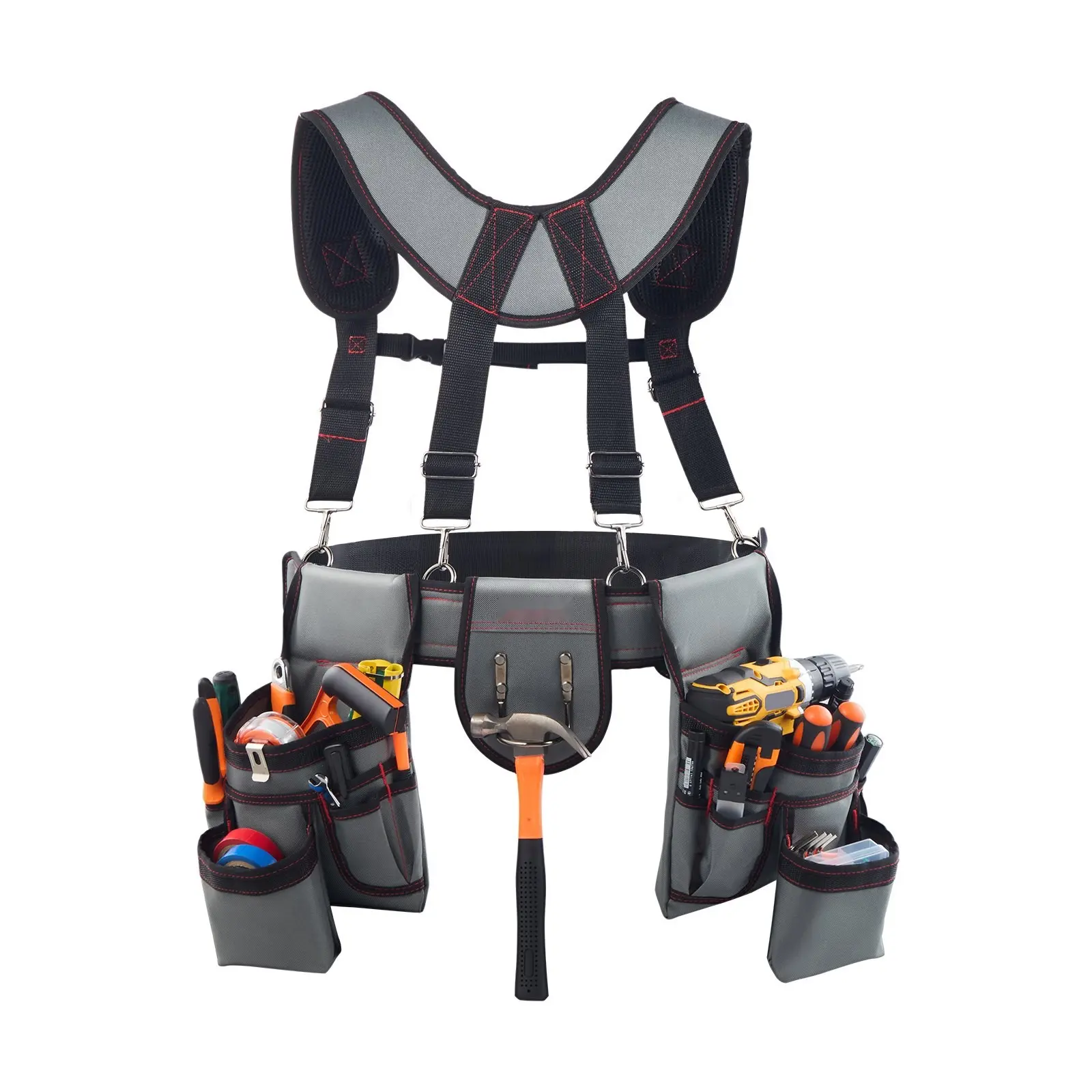 Tool Belt, 22-Pocket Tool Pouch with Sturdy Suspenders for Men, Heavy-Duty Adjustable Utility Belt Bag for Electrician, Carpenter, Construction Site, Work Apron Organizer, Waist Size 32 to 68 Inches